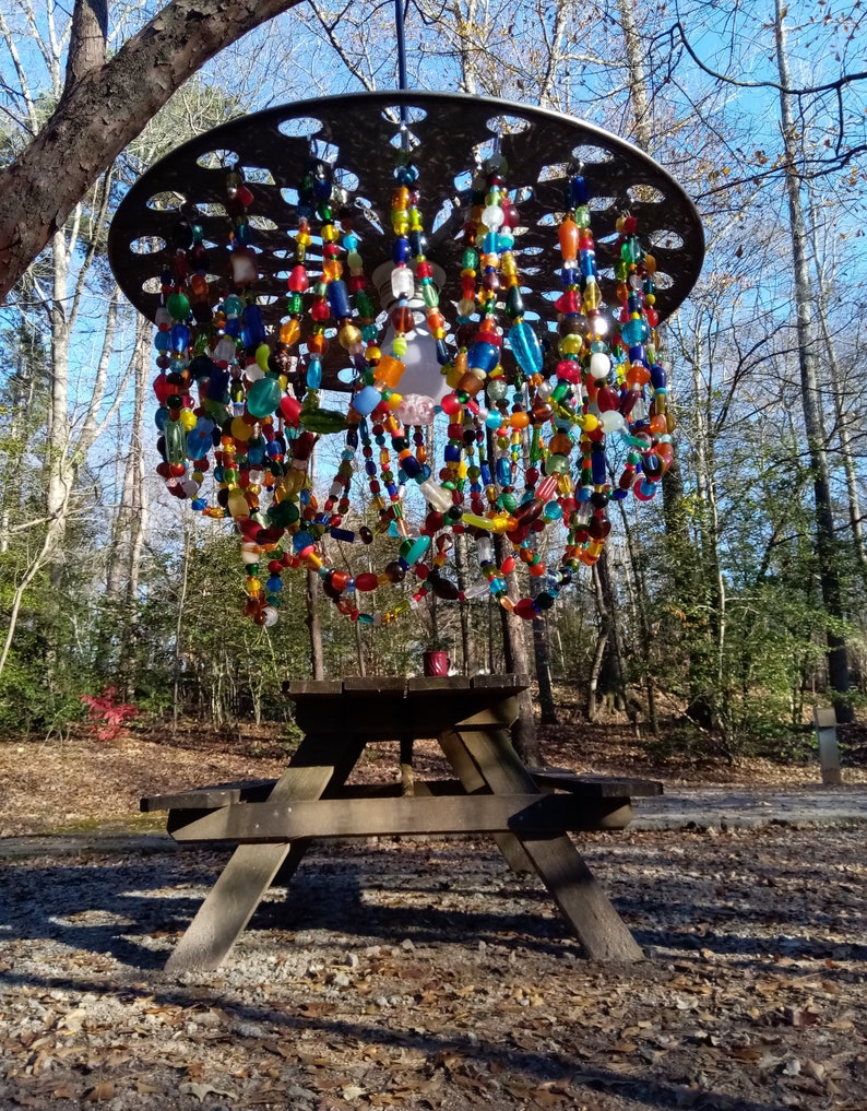 Farmhouse country chandelier, metal, multi-colored glass beads. Choose OUTDOOR SOLAR, Indoor pendant light fixture, or simply shade image 9