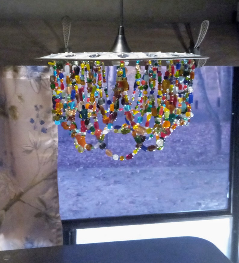 Farmhouse country chandelier, metal, multi-colored glass beads. Choose OUTDOOR SOLAR, Indoor pendant light fixture, or simply shade image 1