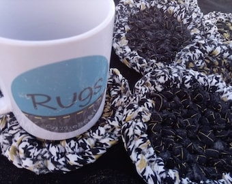 Black, Gold, White Coasters / Rag basket. 6 mug rugs coasters. All Toothbrush knotted. Machine wash!