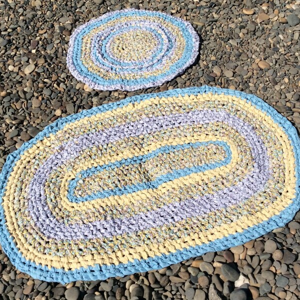 Pair - Toothbrush knotted Amish Rag Rug-light blue, cream, light brown, gray Area Rug, Annie Sloan colors-See add'l pics for accurate colors