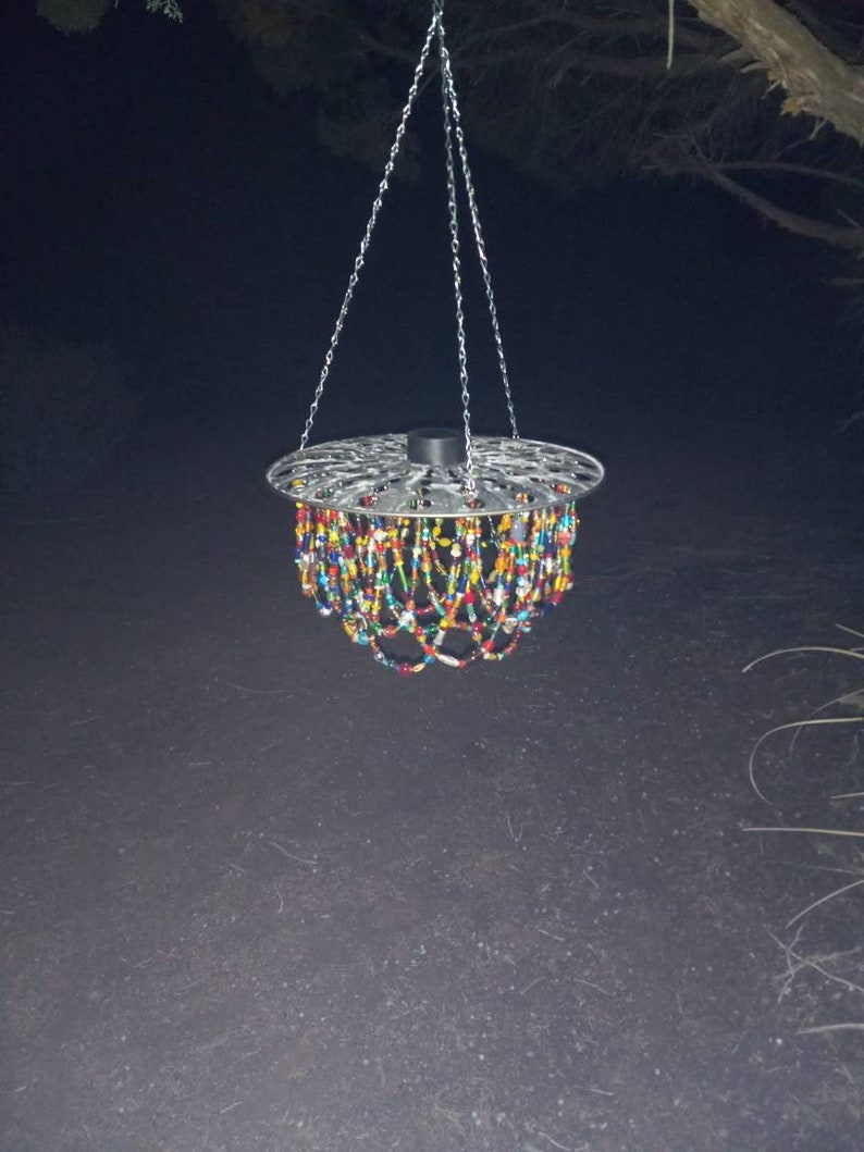 Farmhouse country chandelier, metal, multi-colored glass beads. Choose OUTDOOR SOLAR, Indoor pendant light fixture, or simply shade image 4