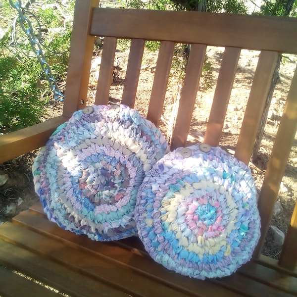 Larger round throw pillow cover in pastels. Toothbrush knotted. Machine Washable! Matches rag rug listed.
