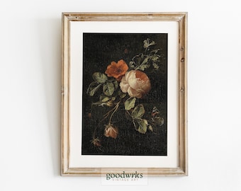Moody Rose Still Life Painting | Dark Academia Antique Art | Victorian Botanical Digital Print |ST8