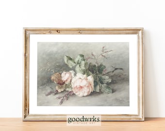 Soft Vintage Floral Digital Print | Vintage Garden Roses Still Life Wall Art |  Pink Botanical painting for Vintage Gallery wall | ST2