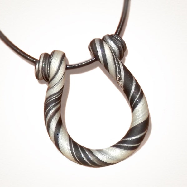 Unique Polymer Clay Necklace, Pendant, Horseshoe, Twist, black, white, gray,Unisex,Unisex Jewelry,rustic,tribal,anthropologie, Gander Awhile