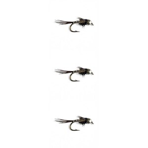 May include: Three identical fishing flies arranged vertically, each featuring a silver metallic bead head, a dark brown segmented body with fine fibers, and a curved metal hook. The design includes thin, dark tail filaments extending from the rear.