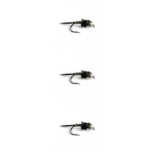 May include: Three identical fishing flies arranged vertically. Each fly features a silver metallic bead head, a dark black fuzzy thorax, and a green ribbed body section leading to a sharp, curved metal hook at the rear of the fly design.