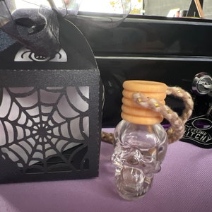 May include: A black paper lantern with a spiderweb cut-out design, a clear glass skull-shaped bottle with a beige cork top, and a black charm with the text "Feeling Witchy".