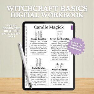 May include: A digital workbook on a tablet with the title "Witchcraft Basics." The screen displays "Candle Magick" with information on image, seven-day, knob, and votive candles. A stylus and the text "Learn the basics of witchcraft" are also visible.