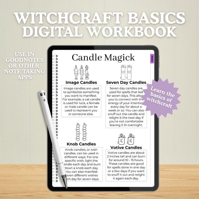May include: A digital workbook on a tablet with the title "Witchcraft Basics." The screen displays "Candle Magick" with information on image, seven-day, knob, and votive candles. A stylus and the text "Learn the basics of witchcraft" are also visible.