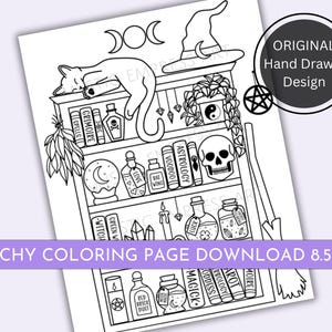 May include: Black and white line art of a witchy bookshelf with a sleeping cat, a witch's hat, and various potion bottles and books. The text "Witchy Coloring Page Download 8.5 x 11" is at the bottom. The image also includes the text "ORIGINAL Hand Drawn Design".