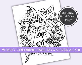 May include: Black and white witchy coloring page download featuring a Ouija board design with a sun, moon, eye, and butterfly. The text "YES" and "NO" are visible on the board. The page measures 8.5 x 11 inches.