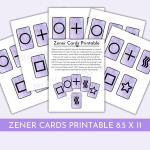 May include: A collection of Zener cards, printed on 8.5 x 11 inch paper. Each card features a symbol: a circle, cross, square, waves, or star. The cards are designed to help develop intuitive abilities. The text "Zener Cards Printable" is visible.