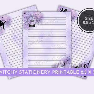 May include: Three sheets of witchy stationery with a purple watercolor background and black line details. Each sheet has a different design, including a witch on a broom, a crystal ball, and celestial elements. The size is 8.5 x 11 inches.