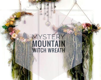 Mystery Mountain Witch Bog Witch Wall hanging altar adornment witch's wall art dried flower crystal wreaths, magical nature art botanical