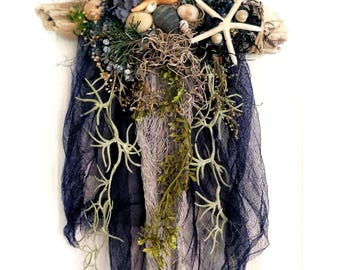 Sea Witch Wall Hanging Inspired by Widow's Bay with real dried flowers crystals and Coastal Inspired Natural art crystal flower Sea Hag art