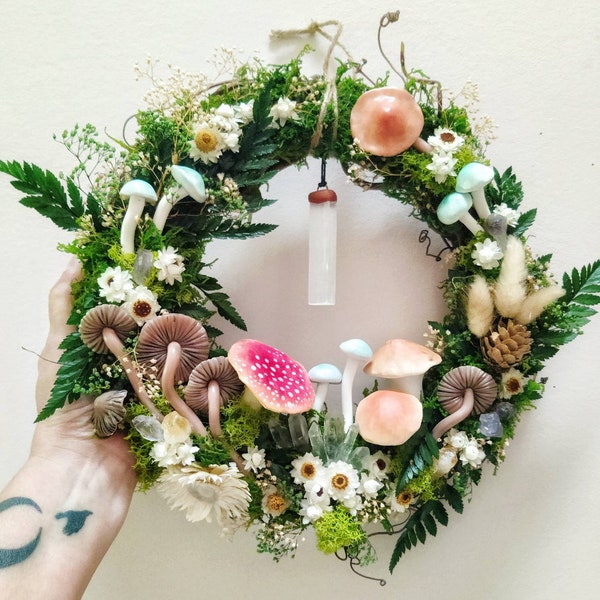 Made To Order Large Mushroom Garden Wreath hand sculpted polymer clay mushrooms real dried flowers  home decor nature art wreath