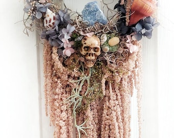 Sea Witch Wreath Haunted Seaside Sea Hag with real dried flowers crystals and Coastal Inspired Natural art crystal flower wreath Witch decor