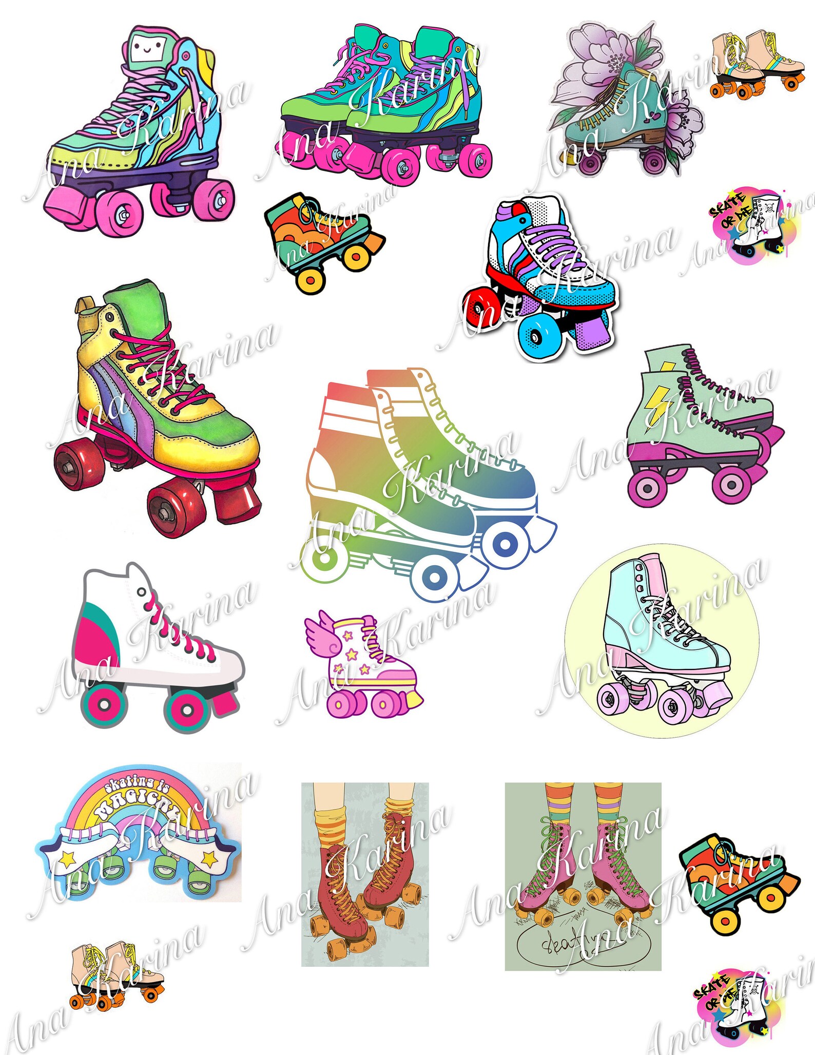 Digital downloadable Roller Skates stickers sheet for A4 size Etsy