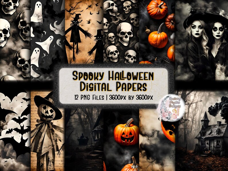 Spooky Halloween Digital Paper, Halloween Digital Paper, Digital Papers, Digital Halloween Paper, Witches and Pumpkins, Bats and Ghosts image 1