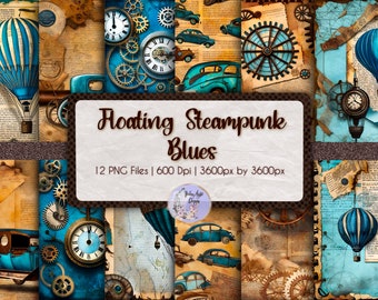 Steampunk Ephemera Digital Papers, Hot Air Balloon Digital Papers, Old Car Digital Paper, Blue Ephemera Digital Paper, Vintage Ephemera