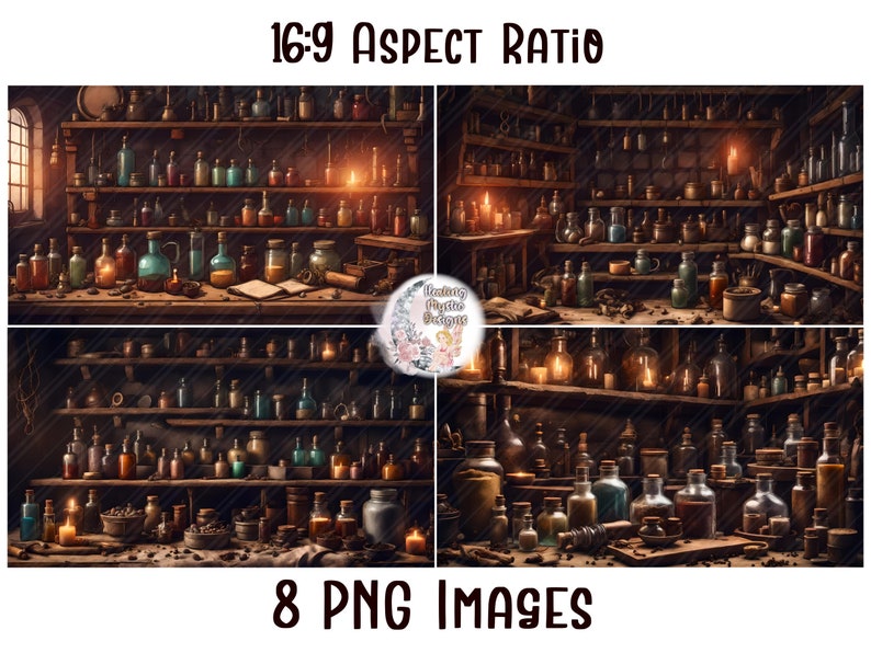 Potion Bottle Shelves Backdrops, Potion Bottle Backdrop, Witch Apothecary Backdrop, Digital Backdrop, Witchy Backdrop, Streaming Backdrop image 2