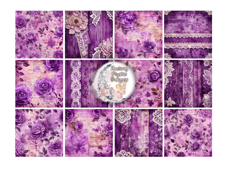 Purple Shabby Chic Digital paper, Lace Love Lavender Bundle, Digital Paper Bundle, Purple Digital Papers, Purple Lace, Digital Clipart Paper image 3