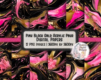 Acrylic Pour, Pink Black Gold Digital Paper, Acrylic Pour Digital Paper, Digital Papers, Acrylic Pour Background, Pink Digital Paper