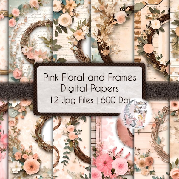 Pink Digital Paper, Whimsy Digital Paper, Floral Digital Paper, Wreath Digital Paper, Floral Wreath Background, Pink Digital Scrapbook Paper