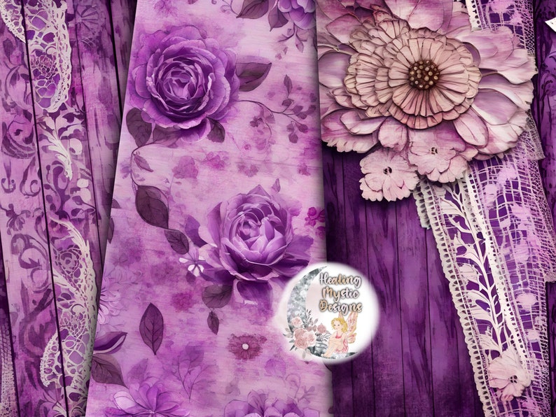 Purple Shabby Chic Digital paper, Lace Love Lavender Bundle, Digital Paper Bundle, Purple Digital Papers, Purple Lace, Digital Clipart Paper image 2