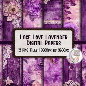 Purple Shabby Chic Digital paper, Lace Love Lavender Bundle, Digital Paper Bundle, Purple Digital Papers, Purple Lace, Digital Clipart Paper image 1
