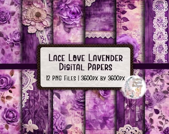 Purple Shabby Chic Digital paper, Lace Love Lavender Bundle, Digital Paper Bundle, Purple Digital Papers, Purple Lace, Digital Clipart Paper