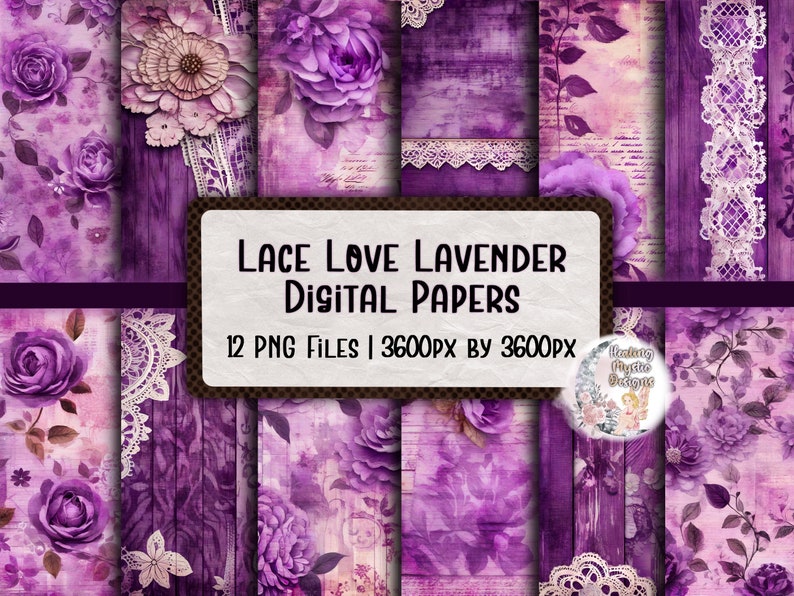 Purple Shabby Chic Digital paper, Lace Love Lavender Bundle, Digital Paper Bundle, Purple Digital Papers, Purple Lace, Digital Clipart Paper image 1