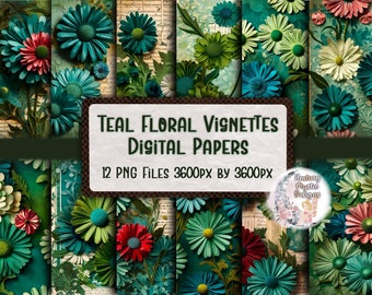 Teal Ephemera Paper, Teal Digital Paper, Floral Digital Paper, Digital Paper, Paper Flower Background, Teal Paper Ephemera, Teal Flowers