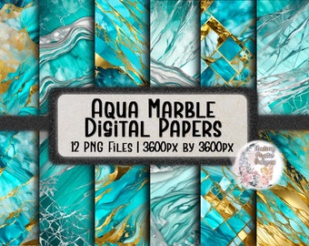 Aqua Marble Digital Paper, Digital Papers, Marbled Digital Paper, Blue Digital Paper, Aqua and Silver Marble, Aqua and Gold Marbled