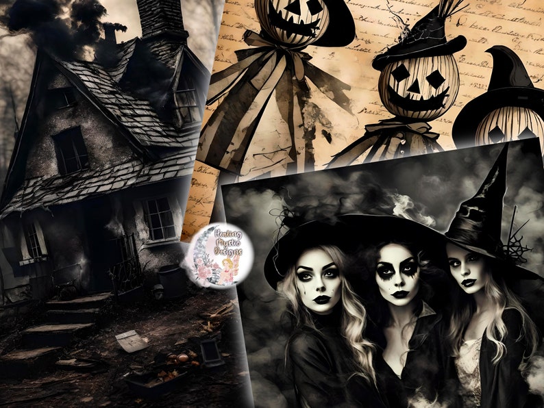 Spooky Halloween Digital Paper, Halloween Digital Paper, Digital Papers, Digital Halloween Paper, Witches and Pumpkins, Bats and Ghosts image 2