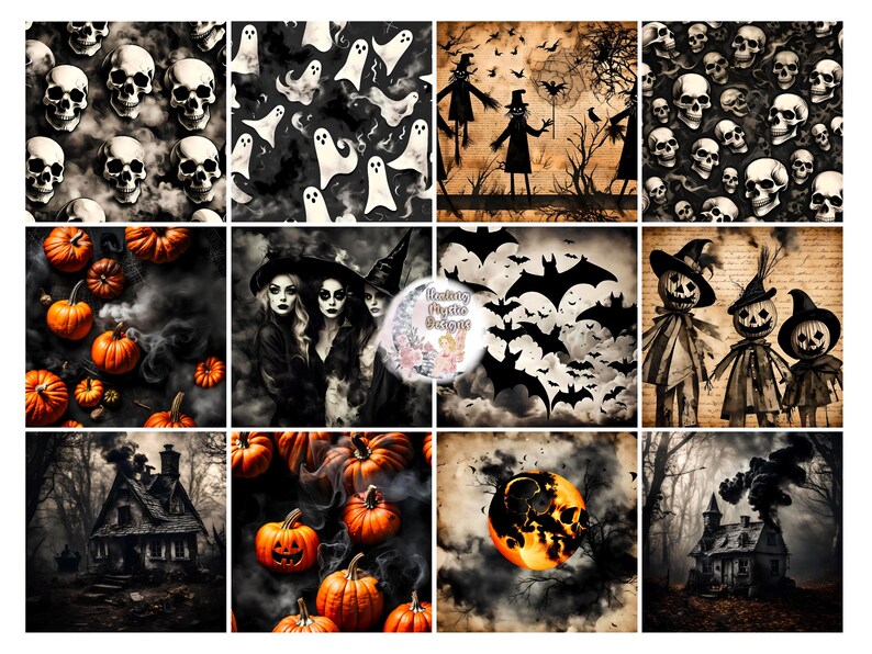 Spooky Halloween Digital Paper, Halloween Digital Paper, Digital Papers, Digital Halloween Paper, Witches and Pumpkins, Bats and Ghosts image 3