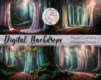 Flowing Fabric Digital Backdrop, Pastel Curtains in Magical Forest, Maternity Photo Backdrop Photoshop Backdrops Flowing Curtain Backdrops
