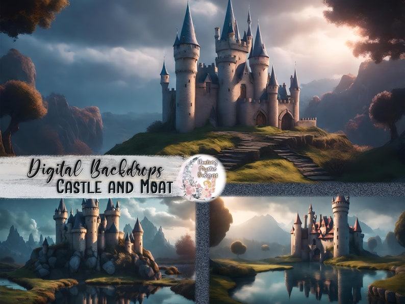 Castle Backdrop, Castle Streaming Backdrop, Castle Background, Castle and Moat, Digital Backdrop, Digital Castle Backdrop, Fantasy Backdrop image 1