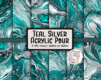 Acrylic Pour Digital Paper, Teal Digital Paper, Silver Digital Paper, Digital Papers, Acrylic Pour Paper, Marbled Digital Paper, Teal Paper