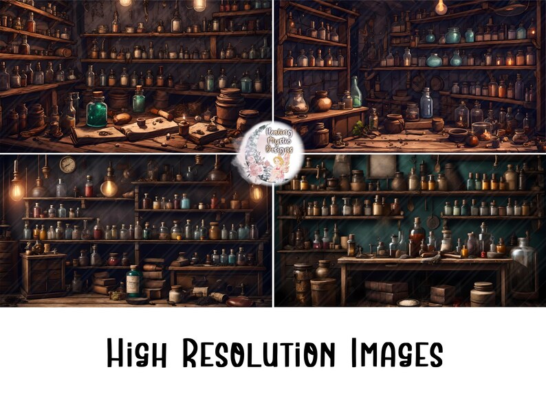 Potion Bottle Shelves Backdrops, Potion Bottle Backdrop, Witch Apothecary Backdrop, Digital Backdrop, Witchy Backdrop, Streaming Backdrop image 3