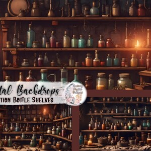 Potion Bottle Shelves Backdrops, Potion Bottle Backdrop, Witch Apothecary Backdrop, Digital Backdrop, Witchy Backdrop, Streaming Backdrop image 1