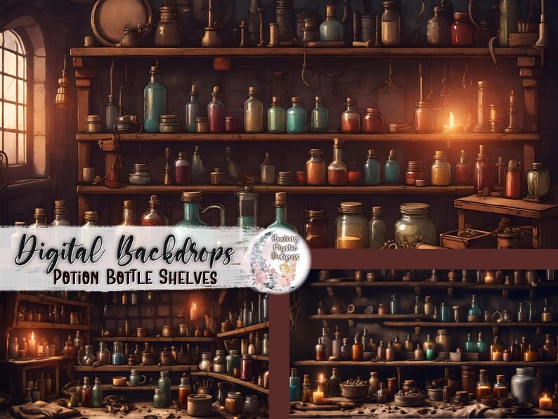 Potion Bottle Shelves Backdrops, Potion Bottle Backdrop, Witch Apothecary Backdrop, Digital Backdrop, Witchy Backdrop, Streaming Backdrop image 1