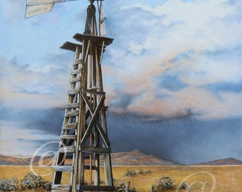 Fine art, Original oil, Oil, Painting, Scenery, Landscape, Windmill, Western, Cowboy, Ranch, Desert