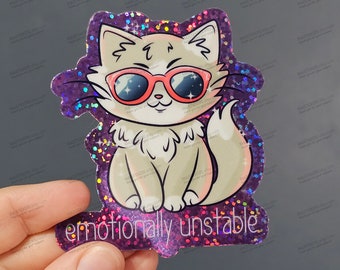 Emotionally Unstable Sticker, Hand drawn whimsical cat sticker, Cute cat with sunglasses, Bipolar awareness, neurodivergent sticker