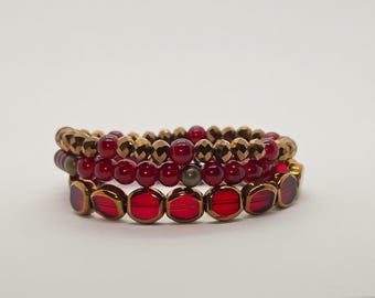 Red & Copper Glass Bead Bracelet Stack - Set of 3