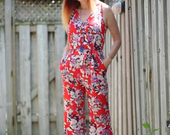 ANTHROPOLOGIE Red Silk Floral Jumpsuit - Mod Summer Jumpsuit With Pockets - Small