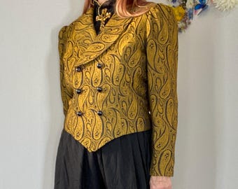 Boho Tapestry Blazer Vintage 1980s Gold Black Paisley Cropped Jacquard Jacket M