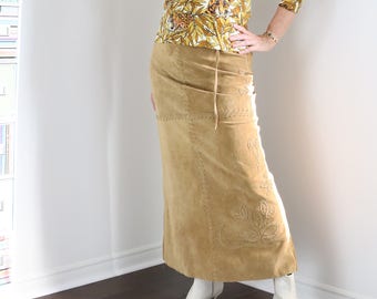 Vintage 90s Suede Skirt - 1990s Floral Leather Embroidered Boho Hippie Maxi Skirt - Medium Waist 28"