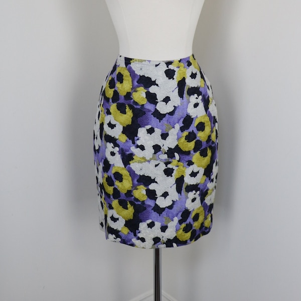 ST JOHN Floral Pencil Skirt - Designer Silk Wool Short Mini Skirt by St John - Wear To Work - XS/S